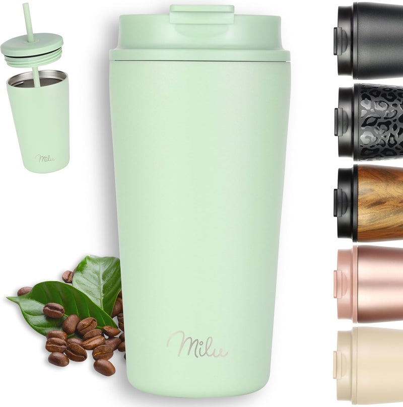 Milu Thermal Mug, 500 ml, 100% Leak-Proof, Stainless Steel Coffee Mug to Go, Insulated with Straw, Keeps Hot for 10 Hours/Cold for 20 Hours, BPA-Free (Lily Green, 500 ml) - Image 1