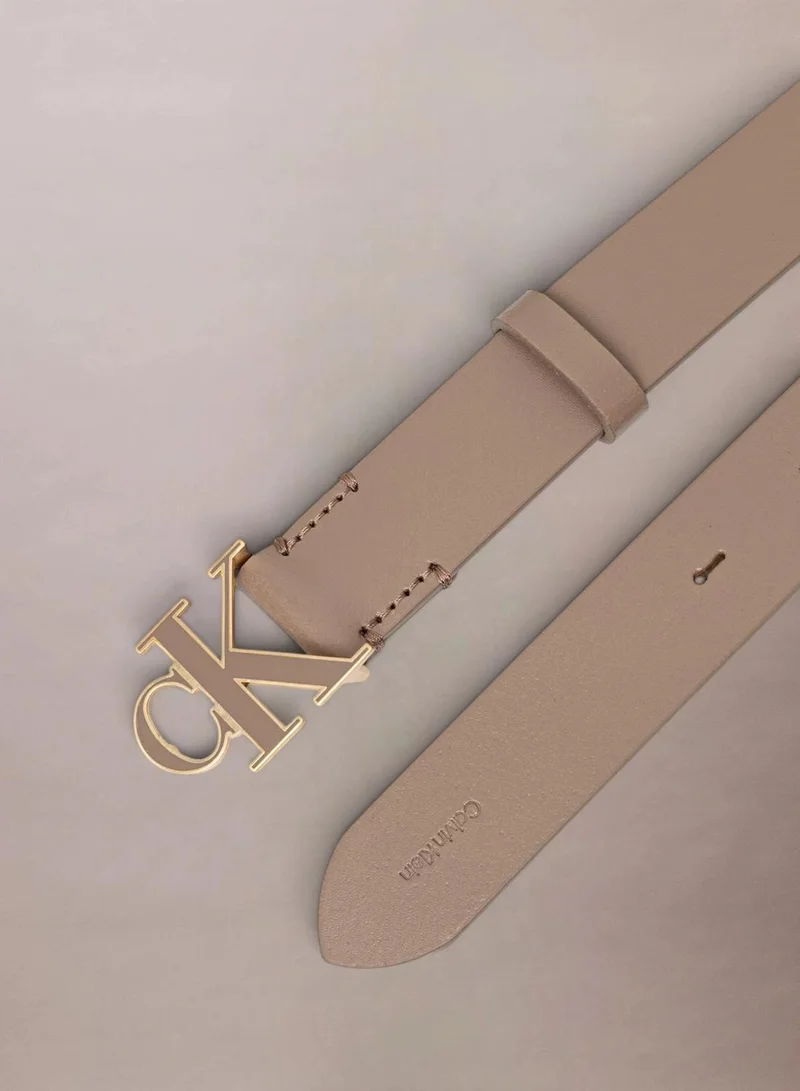 Calvin Klein DESERT TAUPE / ANTIQUE LIGHT GOLD Full-Grain Leather Logo Buckle Belt for Women | Best Price UAE