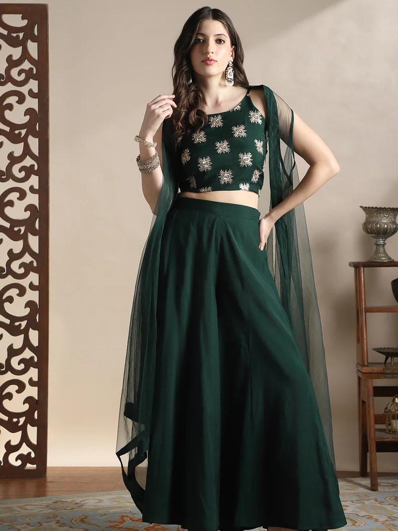 Globus Women Green Strappy Sleeve Sequin Embroidered Crop Top With Flared Palazzos & Asymmetric Hem Shrug Festive Coords Set