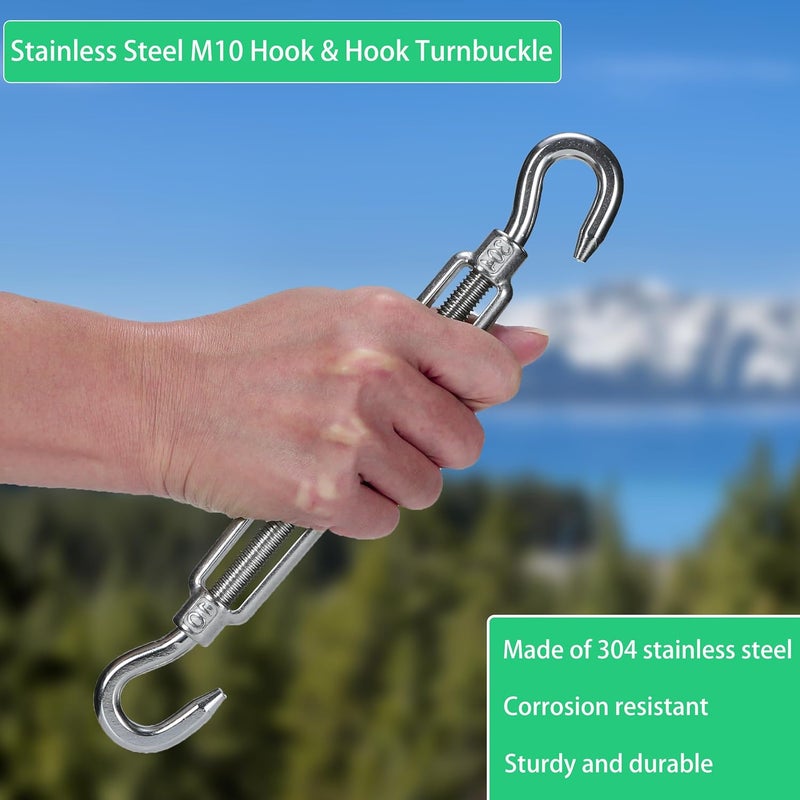 HEVERP 2PCS M10 9.2in Stainless Steel Hook and Hook Turnbuckles,Heavy Duty Shade Sail Hardware,Wire Rope Tension,Antirust - Image 4