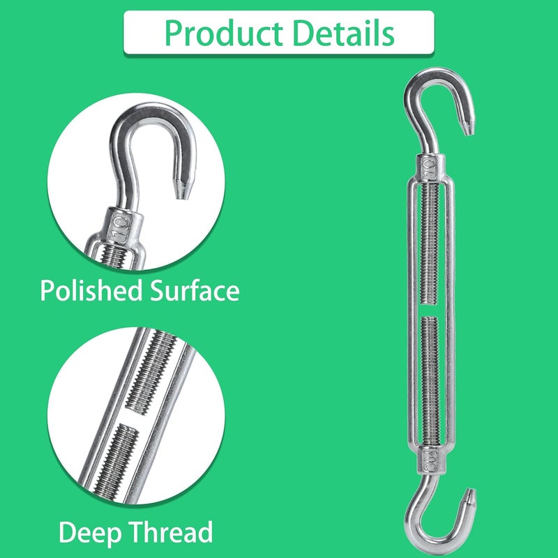 HEVERP 2PCS M10 9.2in Stainless Steel Hook and Hook Turnbuckles,Heavy Duty Shade Sail Hardware,Wire Rope Tension,Antirust - Image 3