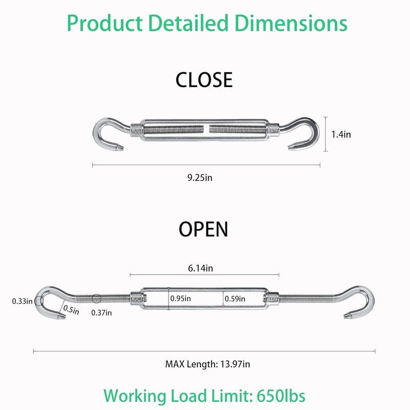 HEVERP 2PCS M10 9.2in Stainless Steel Hook and Hook Turnbuckles,Heavy Duty Shade Sail Hardware,Wire Rope Tension,Antirust - Image 2
