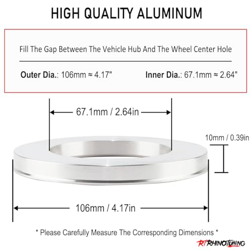 RTRHINOTUNING 4PCS 106mm OD to 67.1mm ID Aluminium Alloy Car Hub Centric Rings Wheel Bore Center Spacer (Silver) - Image 2