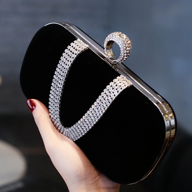Black Velvet Rhinestone Evening Clutch with Lock Clasp and Phone Pocket - Image 2