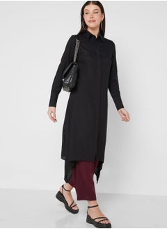 Longline Tunic With Collar And Placket Detail
