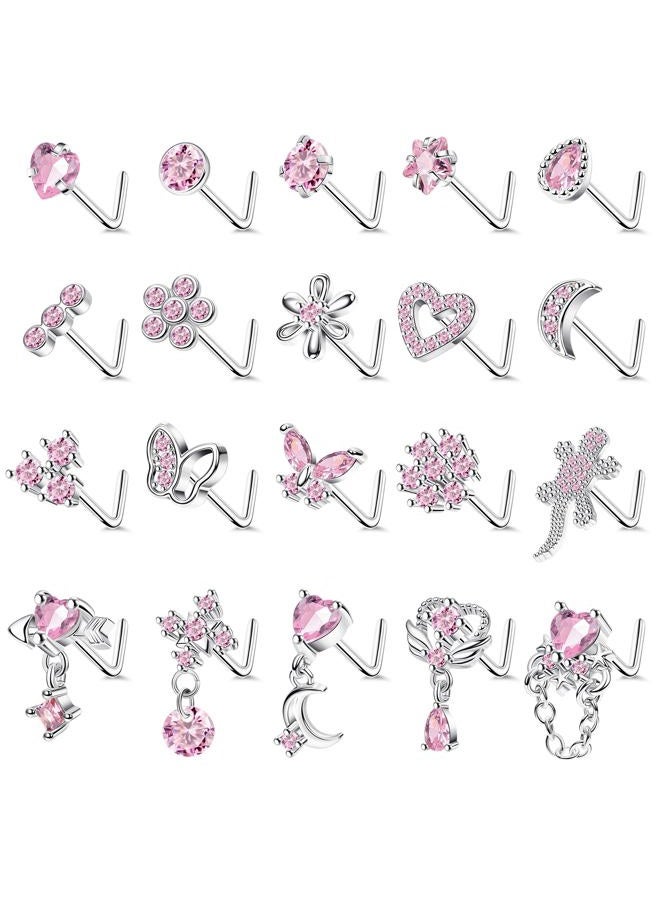 REVOLIA 20Pcs 20G Surgical Steel Nose Rings L Shaped Nose Ring Studs for Women Men CZ Heart Moon Dangle Flower Butterfly Nose Piercing Jewelry, Cubic Zirconia Stainless Steel, cubic zirconia - Image 1