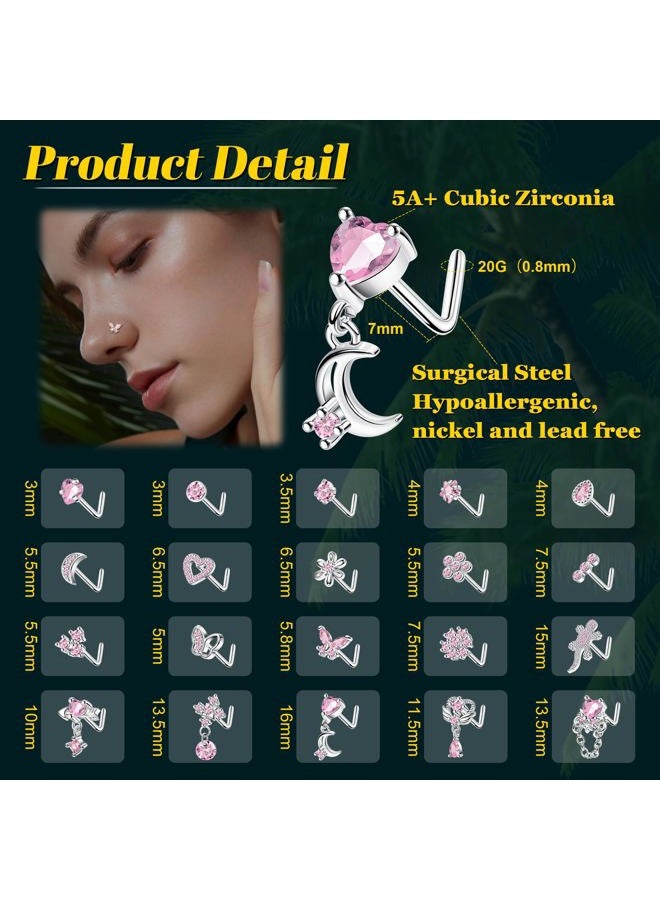 REVOLIA 20Pcs 20G Surgical Steel Nose Rings L Shaped Nose Ring Studs for Women Men CZ Heart Moon Dangle Flower Butterfly Nose Piercing Jewelry, Cubic Zirconia Stainless Steel, cubic zirconia - Image 3