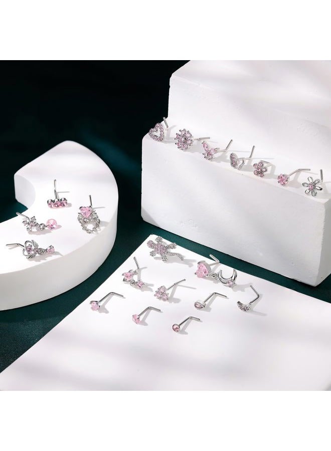 REVOLIA 20Pcs 20G Surgical Steel Nose Rings L Shaped Nose Ring Studs for Women Men CZ Heart Moon Dangle Flower Butterfly Nose Piercing Jewelry, Cubic Zirconia Stainless Steel, cubic zirconia - Image 2