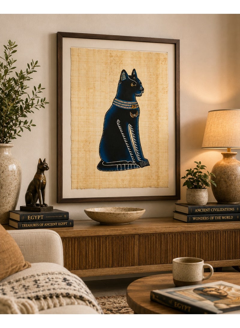 هاندرد بلس ورق بردي مصري طبيعي أصلي مقاس A4 مرسوم يدويًا في مصر من نبات البردي الحقيقي بتصميم القطة الفرعونية باستت السوداء رمز الحماية والحكمة للديكور والهدايا التذكارية - Image 2