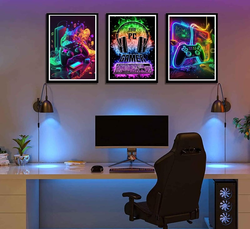 Bukela 3Pcs Cool Gaming Wall Art Retro Video Gamer Watercolor Posters Colorful Neon Gamepad Canvas Paintings Prints for Boys' Room Kids' Gamer Room Bedroom Home Decoration 30x40cm - Image 3