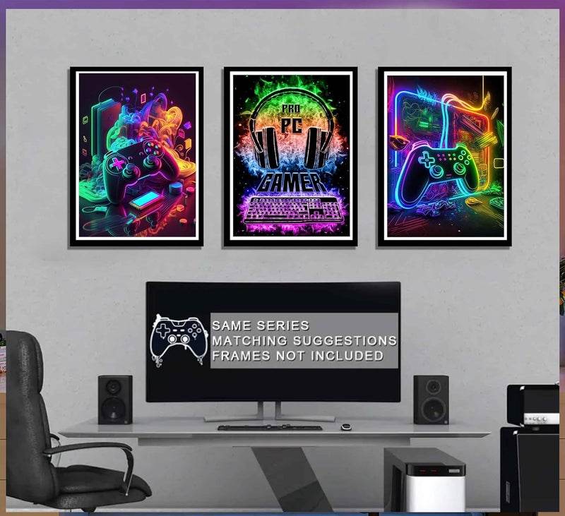 Bukela 3Pcs Cool Gaming Wall Art Retro Video Gamer Watercolor Posters Colorful Neon Gamepad Canvas Paintings Prints for Boys' Room Kids' Gamer Room Bedroom Home Decoration 30x40cm - Image 5