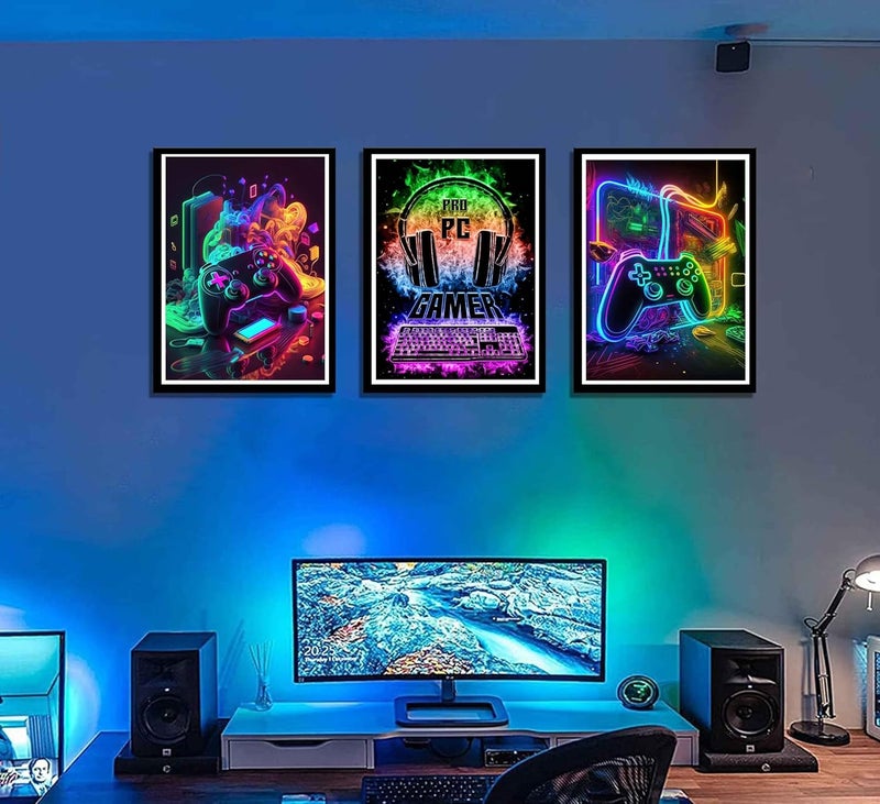Bukela 3Pcs Cool Gaming Wall Art Retro Video Gamer Watercolor Posters Colorful Neon Gamepad Canvas Paintings Prints for Boys' Room Kids' Gamer Room Bedroom Home Decoration 30x40cm - Image 2