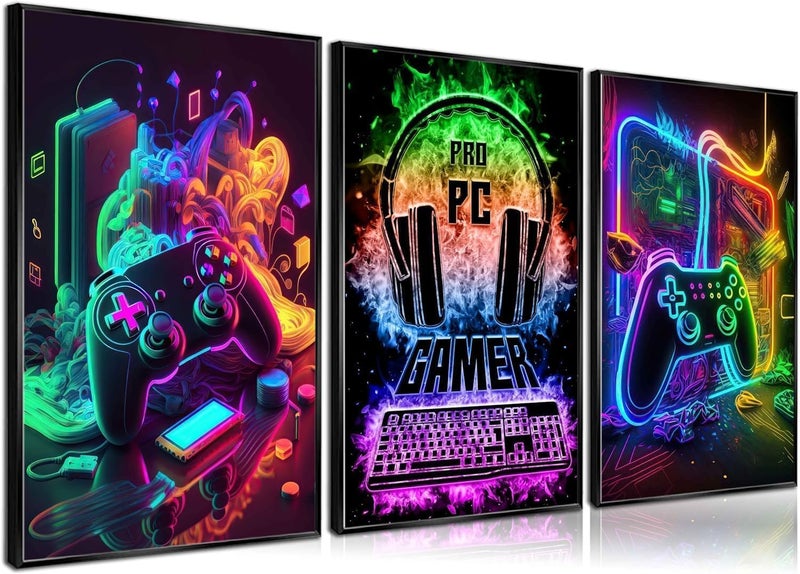 Bukela 3Pcs Cool Gaming Wall Art Retro Video Gamer Watercolor Posters Colorful Neon Gamepad Canvas Paintings Prints for Boys' Room Kids' Gamer Room Bedroom Home Decoration 30x40cm - Image 1