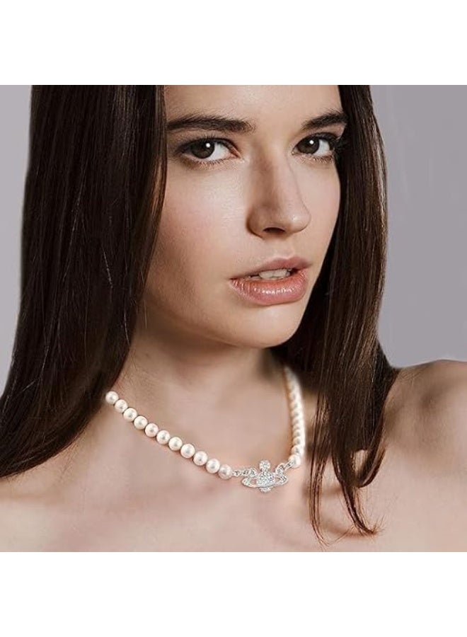 CLENEA 2PCS Pearl Necklace Set, Golden and Silver Saturn Artificial Pearl Necklace, Pearl Choker Necklace Perfect Gifts for Women Best Friend Charm Lady Girlfriend Wedding Birthday Anniversary - Image 3