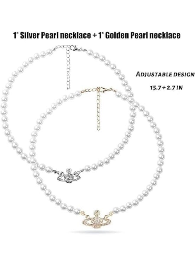 CLENEA 2PCS Pearl Necklace Set, Golden and Silver Saturn Artificial Pearl Necklace, Pearl Choker Necklace Perfect Gifts for Women Best Friend Charm Lady Girlfriend Wedding Birthday Anniversary - Image 2