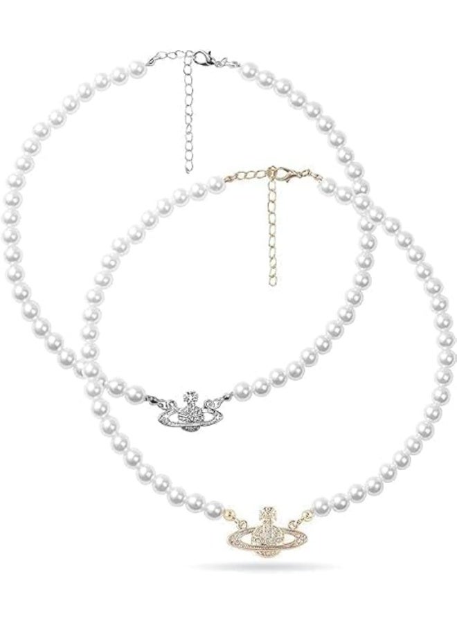 CLENEA 2PCS Pearl Necklace Set, Golden and Silver Saturn Artificial Pearl Necklace, Pearl Choker Necklace Perfect Gifts for Women Best Friend Charm Lady Girlfriend Wedding Birthday Anniversary - Image 1