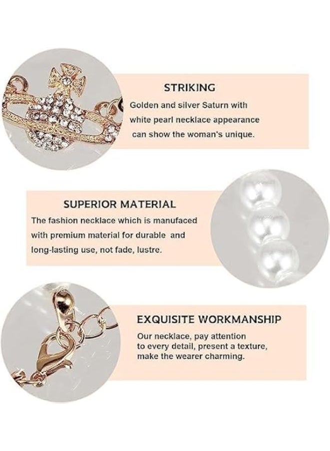 CLENEA 2PCS Pearl Necklace Set, Golden and Silver Saturn Artificial Pearl Necklace, Pearl Choker Necklace Perfect Gifts for Women Best Friend Charm Lady Girlfriend Wedding Birthday Anniversary - Image 4