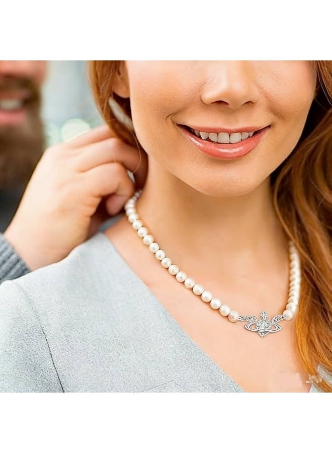 CLENEA 2PCS Pearl Necklace Set, Golden and Silver Saturn Artificial Pearl Necklace, Pearl Choker Necklace Perfect Gifts for Women Best Friend Charm Lady Girlfriend Wedding Birthday Anniversary - Image 5