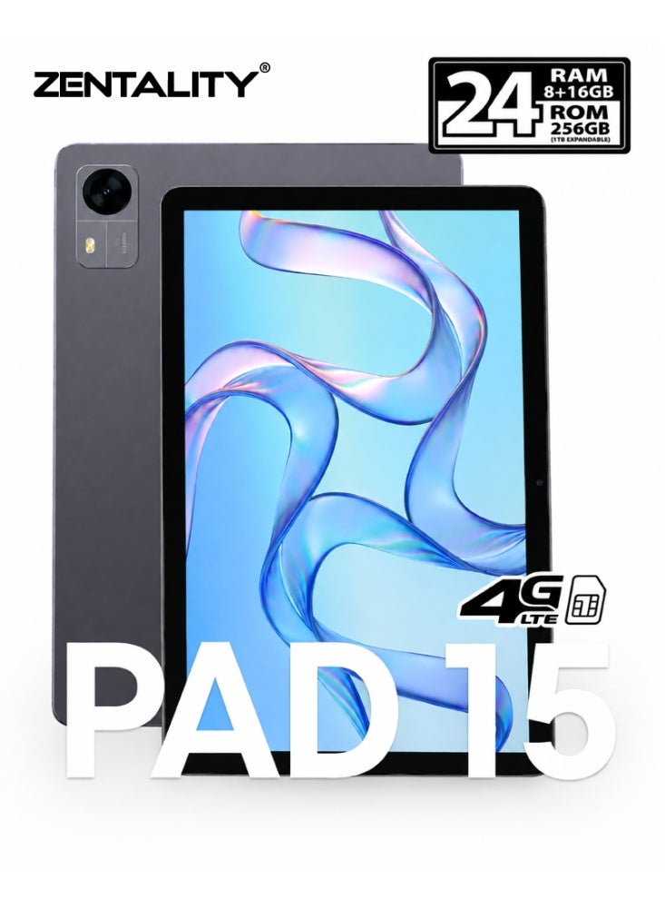 Zentality PAD 15 Tablet, Android 14, 10-Inch Display, 24GB RAM (8GB+16GB Extended), 256GB Storage, 4G LTE, 7000mAh Battery, Keyboard, Mouse and Stylus Included, Gray - Image 1