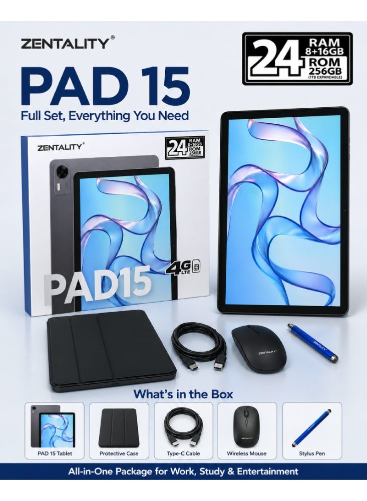 Zentality PAD 15 Tablet, Android 14, 10-Inch Display, 24GB RAM (8GB+16GB Extended), 256GB Storage, 4G LTE, 7000mAh Battery, Keyboard, Mouse and Stylus Included, Gray - Image 3
