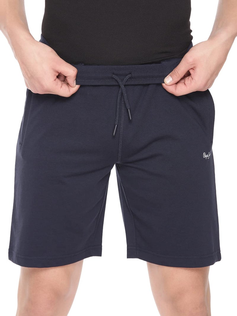 Pepe Jeans Athleisure Men Knit Cotton Stretch Shorts | Breathable Cotton Jersey, Gym and Casual Wear | with Drawstring and Zip Pocket in Navy Blue - M - Image 4
