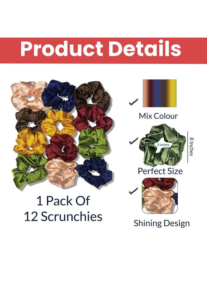 TEMPERIA (12 pcs) Silk Satin Scrunchies For Women & Girls - Stylish Luxury Ponytail Rubber Band Ties for Hair - Mix Colours (MN02) - Image 2