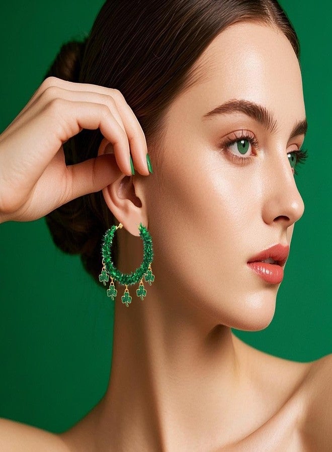 HZEYN St.Patrick's Day Earrings for Women Glitter Green Shamrock Hoop Earrings St.Patrick's Day Outfit Party Decoration Holiday Jewelry Gifts (Shamrock) - Image 2