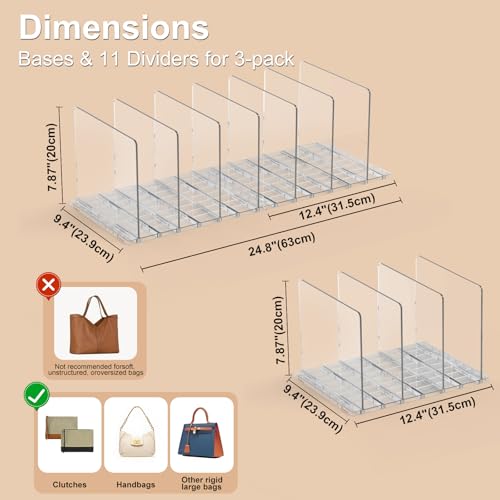SortNStore Bag & Purse Organizer for Closet: Adjustable Clear Handbag Storage Shelf - Plastic Clutch Dividers for Closet Organizers and Storage - Keep Carteras & Pocketbook Upright 3 Pack - 11Dividers - Image 2