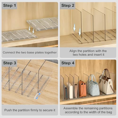 SortNStore Bag & Purse Organizer for Closet: Adjustable Clear Handbag Storage Shelf - Plastic Clutch Dividers for Closet Organizers and Storage - Keep Carteras & Pocketbook Upright 3 Pack - 11Dividers - Image 5