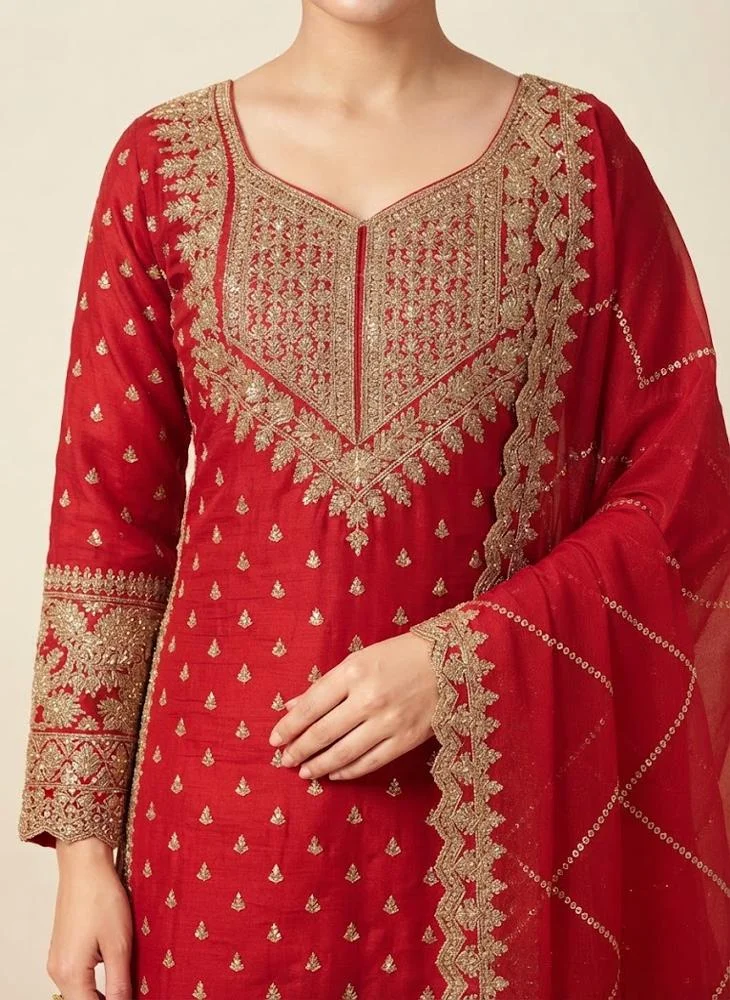 Viny VINY Red 3-Piece Embroidered Suit Set – Women's Indian Ethnic Wear