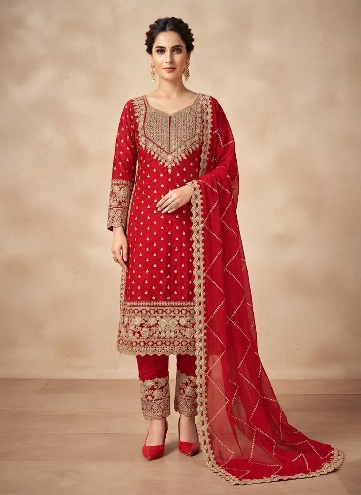 Viny VINY Red 3-Piece Embroidered Suit Set – Women's Indian Ethnic Wear