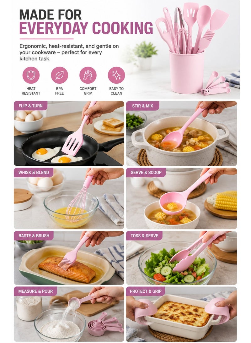 21-Piece Silicone Kitchen Utensils Set with Holder – Heat Resistant BPA-Free Cooking Utensils for Non-Stick Cookware, Complete Kitchen Tool Set - Image 2