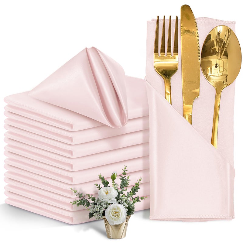 Eychei 12 Pieces Light Pink Satin Napkins  17"" x 17"" Square Table Napkins  Silky Soft Smooth Washable Napkins for Restaurant  Weddings  Dinner  Party Decoration - Image 1