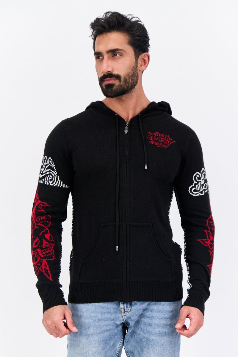 Ed Hardy هودي للرجال بأكمام طويلة مع غطاء رأس، أسود - Image 1