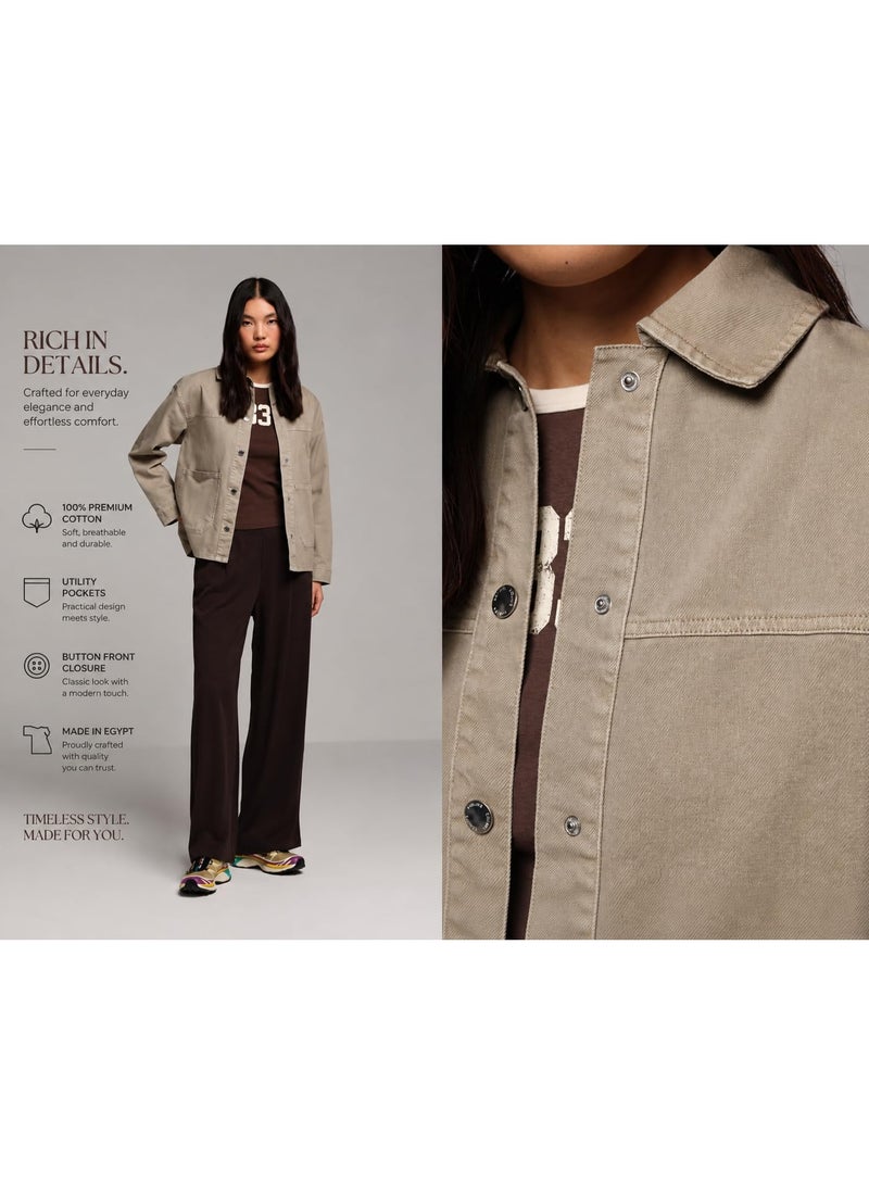COLIN'S Women's Cotton Jacket, 100% Cotton Long Sleeve Casual Jacket with Front Snap Button Closure and Multiple Utility Pockets, Beige, Size 36 - Image 5
