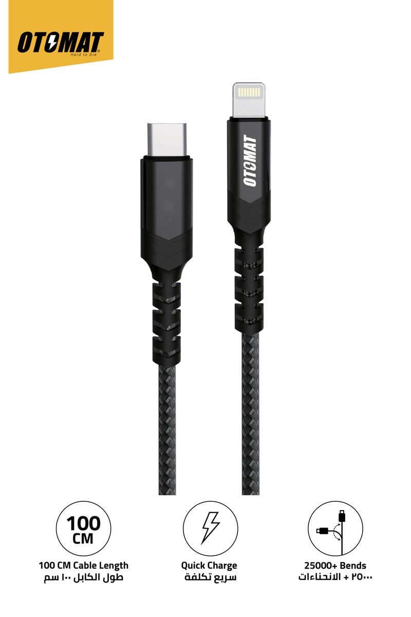 OTOMAT Hi-Speed Type C to Lightning 1 Meter Cable – Fast Charging, Secure Data Transfer, Durable Nylon Braided Design for iPhone, iPad, MacBook, Power Bank – Black - Image 1