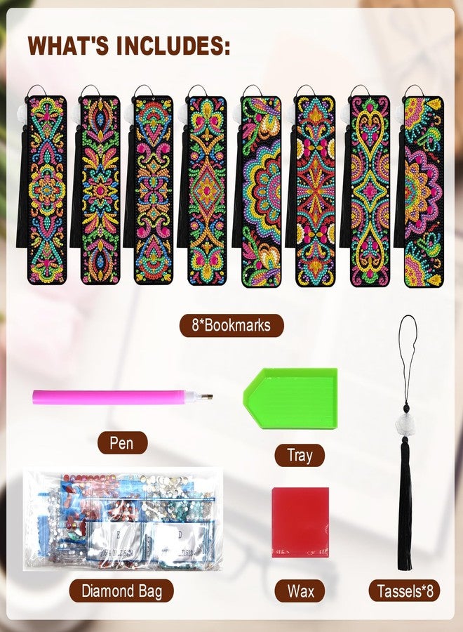 geesfayan 8 Pcs Diamond Art Bookmarks Kits for Adults with Tassel, 5D DIY Book Marks Dimond Art Paintings Gem Art,Diamond Painting Bookmarks for Book Lovers(Mandala) - Image 4