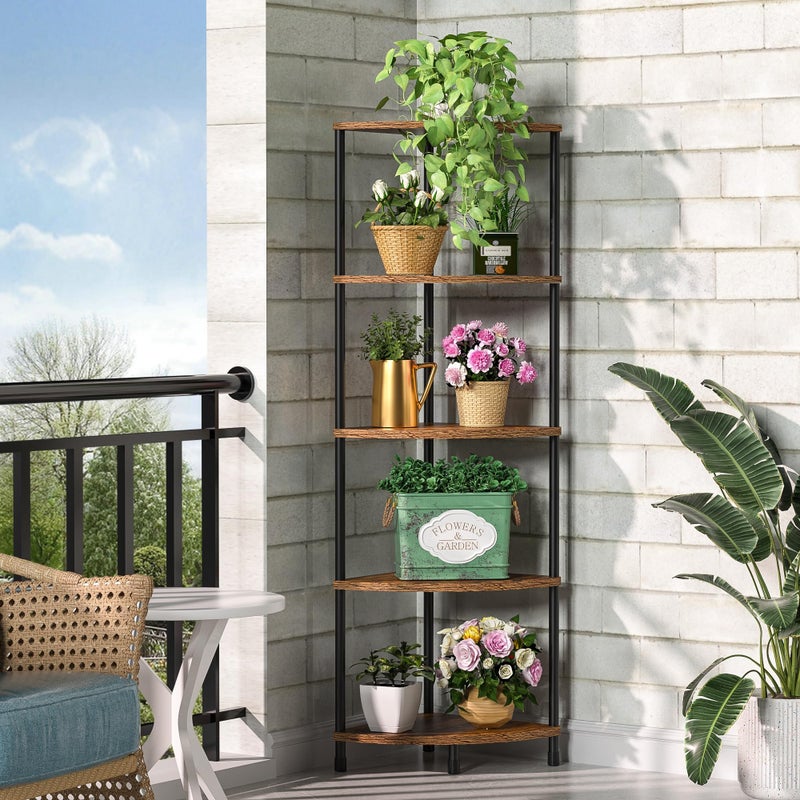 Greatseas Corner Plant Stand Shelf, 5 Tier Tall Shelf Plant Stand for Indoor Plants, Rustic Brown Corner Bookshelf Wall Decor Living Room, 44.1" Display Shelf for Bedroom, Bathroom, Small Space - Image 1