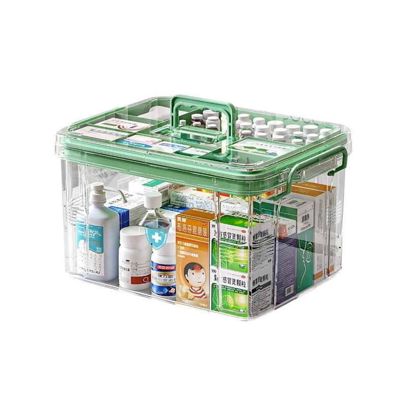 KREPS KREPS Clear Plastic Medicine Storage Box Organizer Family Emergency Kit with Removable Pill Case Portable Lockable Container for Medicine Art Craft and Cosmetic Household Organizer Small Green  - Image 1
