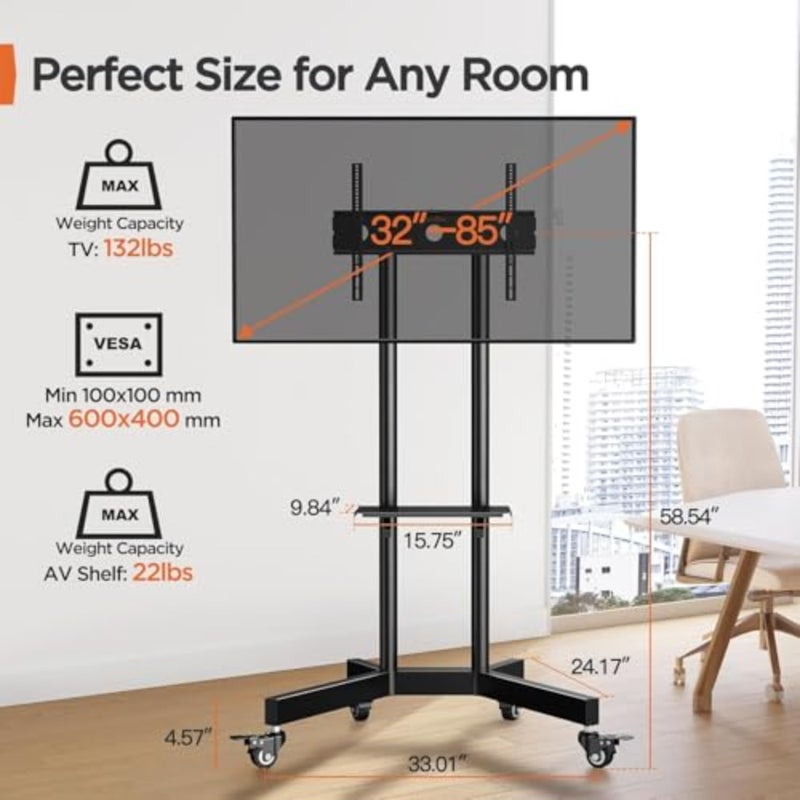 TV Stand with Wheels Rolling TV Stand for 32-85 Inch Screens up to 60 kg Height Adjustable Mobile TV Cart with Metal Shelf Lockable Wheels Max VESA 600x400mm PGTVMC01-1 - Image 2