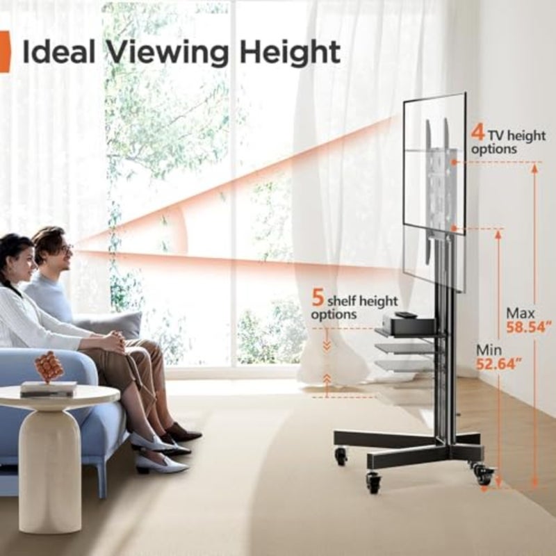 TV Stand with Wheels Rolling TV Stand for 32-85 Inch Screens up to 60 kg Height Adjustable Mobile TV Cart with Metal Shelf Lockable Wheels Max VESA 600x400mm PGTVMC01-1 - Image 3