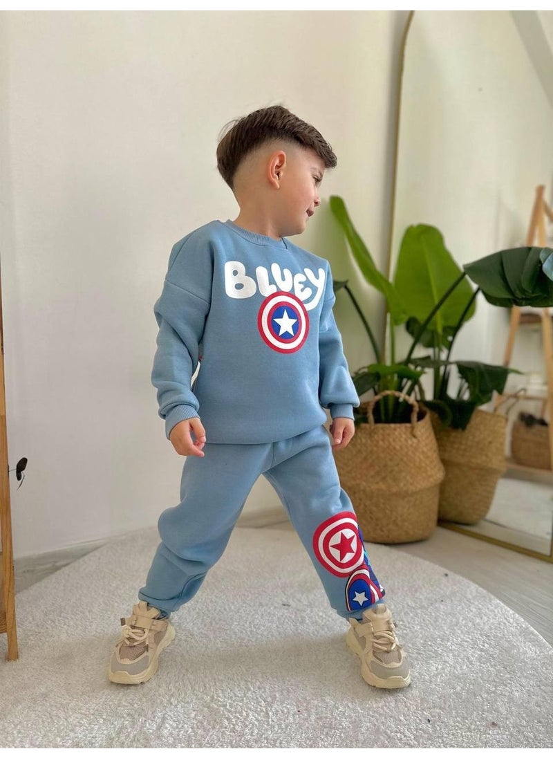 Sacro Kids - Bluey Patterned Tracksuit-Sweatshirt 3 Yarn Winter Raised Boy's Suit - Image 1