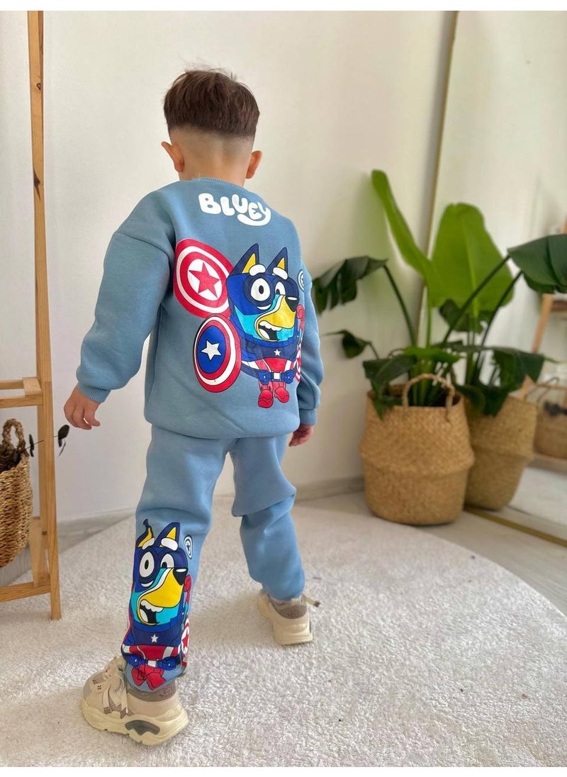 Sacro Kids - Bluey Patterned Tracksuit-Sweatshirt 3 Yarn Winter Raised Boy's Suit - Image 1