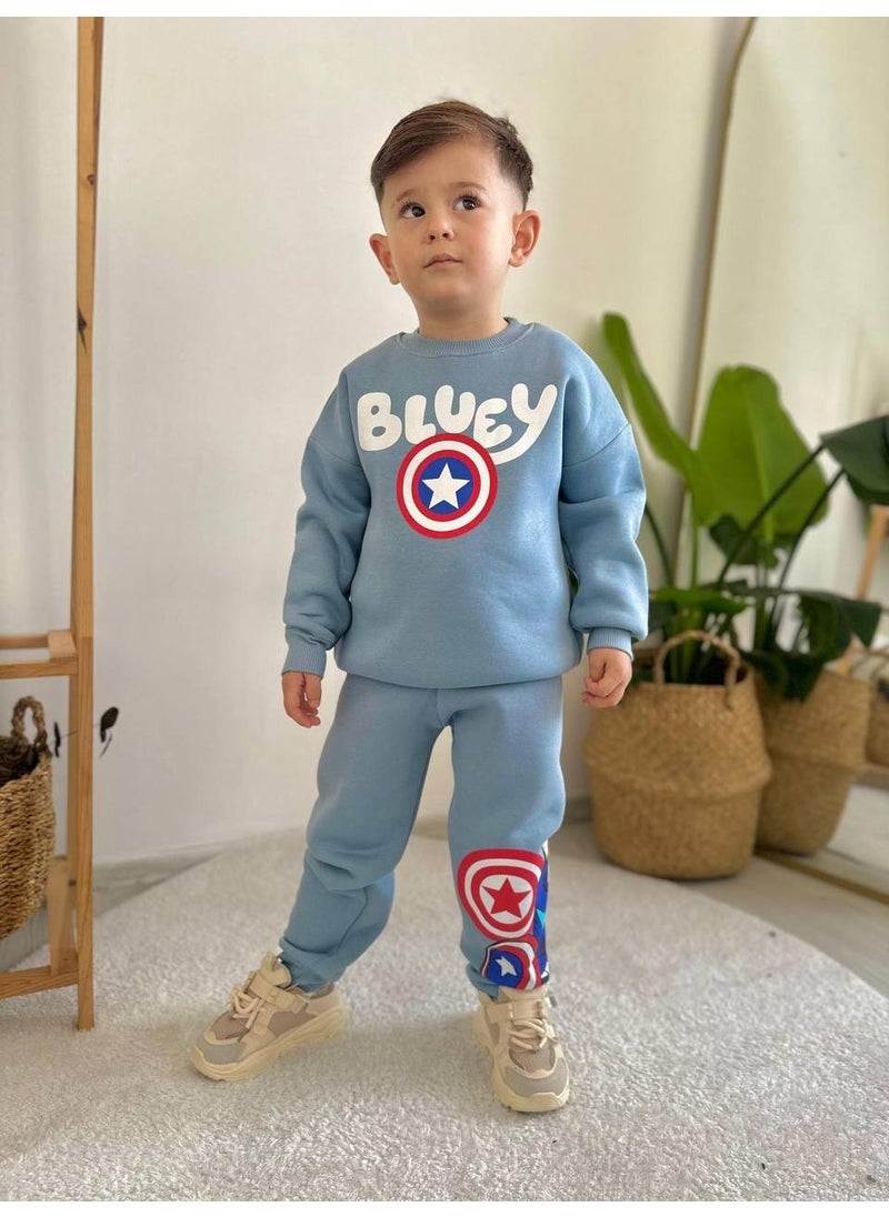 Sacro Kids - Bluey Patterned Tracksuit-Sweatshirt 3 Yarn Winter Raised Boy's Suit - Image 1