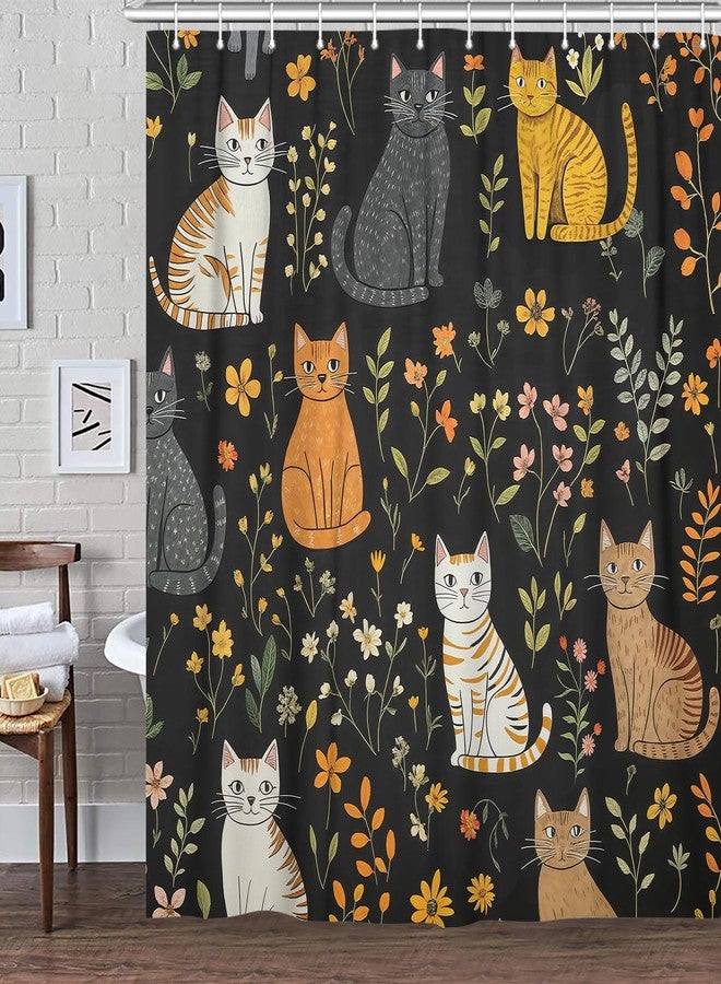 MERCHR Cute Cat Shower Curtain, Funny Animal Cartoon Cat Floral Wildflower Black Fabric Shower Curtains Set for Bathroom Decorative, Restroom Decor Accessories with Hooks 72X72 Inch - Image 2