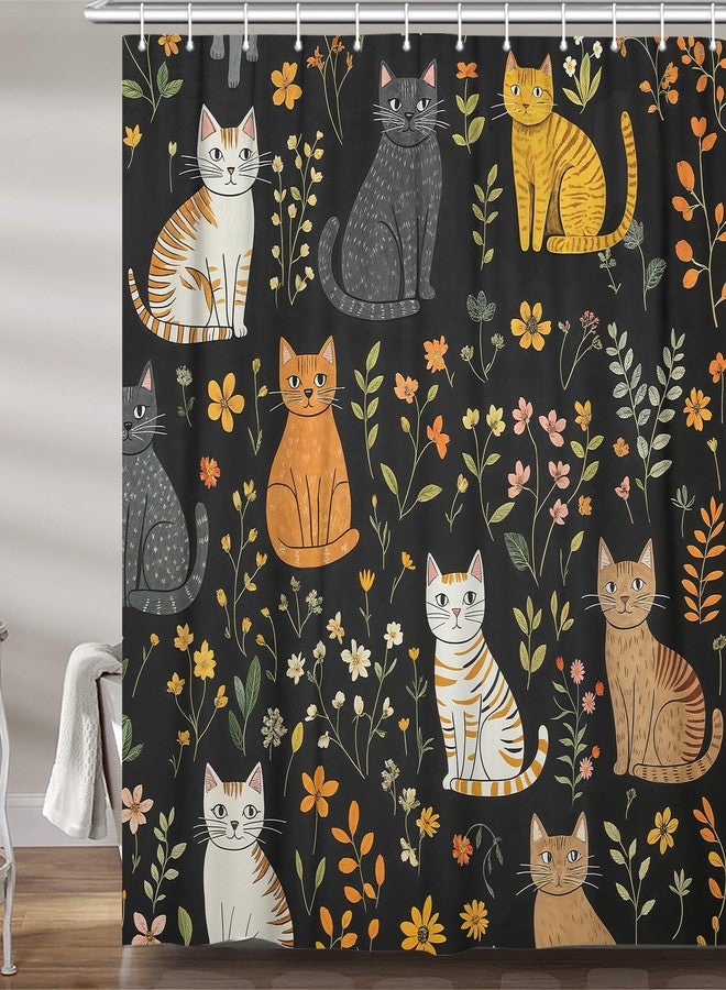 MERCHR Cute Cat Shower Curtain, Funny Animal Cartoon Cat Floral Wildflower Black Fabric Shower Curtains Set for Bathroom Decorative, Restroom Decor Accessories with Hooks 72X72 Inch - Image 1