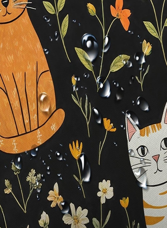 MERCHR Cute Cat Shower Curtain, Funny Animal Cartoon Cat Floral Wildflower Black Fabric Shower Curtains Set for Bathroom Decorative, Restroom Decor Accessories with Hooks 72X72 Inch - Image 5