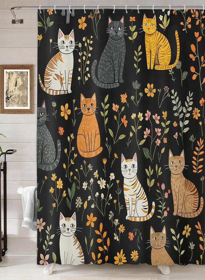 MERCHR Cute Cat Shower Curtain, Funny Animal Cartoon Cat Floral Wildflower Black Fabric Shower Curtains Set for Bathroom Decorative, Restroom Decor Accessories with Hooks 72X72 Inch - Image 3