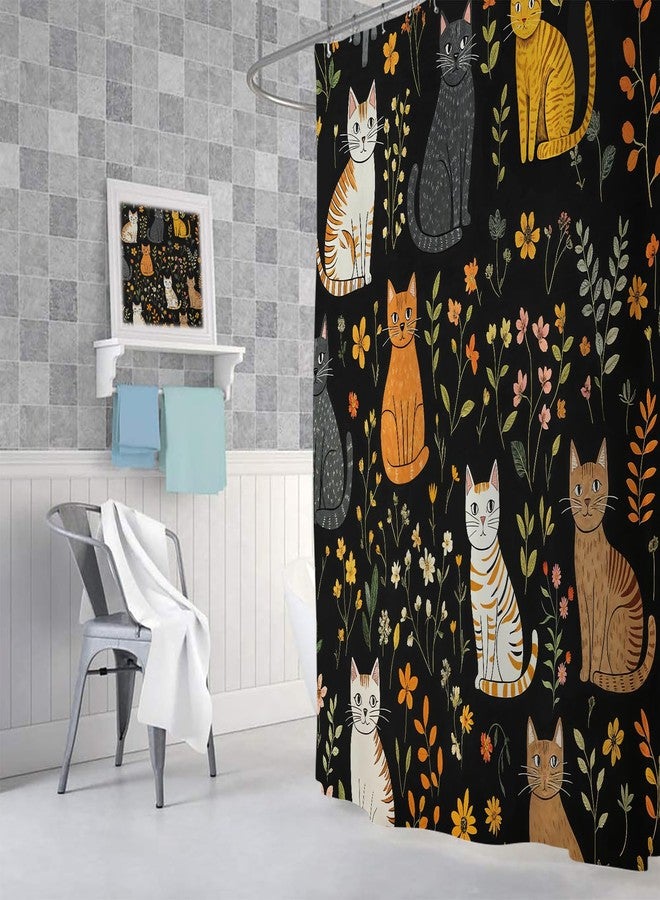 MERCHR Cute Cat Shower Curtain, Funny Animal Cartoon Cat Floral Wildflower Black Fabric Shower Curtains Set for Bathroom Decorative, Restroom Decor Accessories with Hooks 72X72 Inch - Image 4