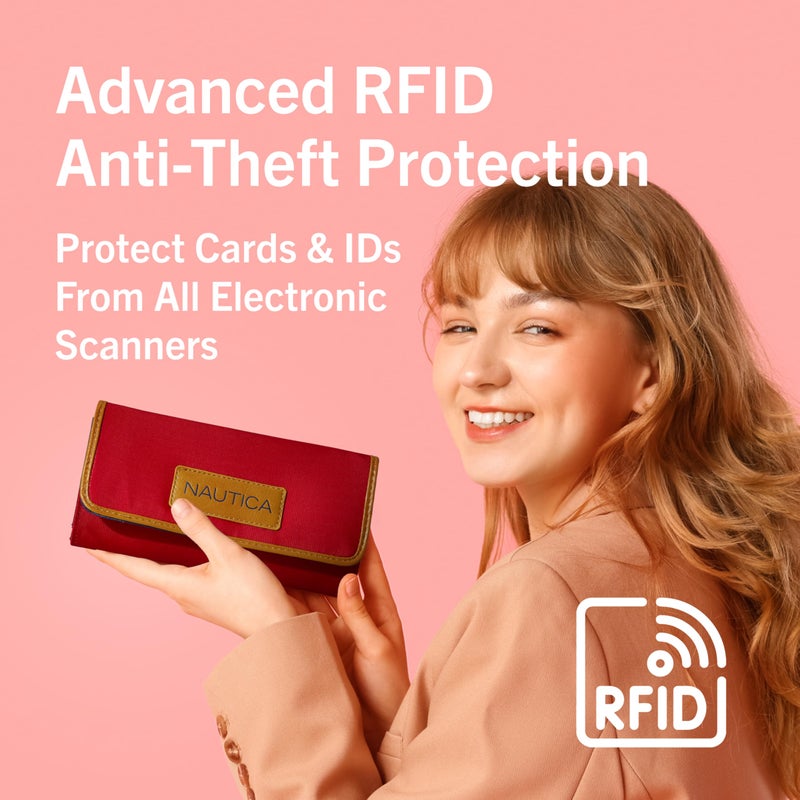 NAUTICA محفظة تنظيم أموال نسائية من نوتيكا مع حجب RFID، حافظة هاتف بسيطة مع فتحات بطاقات، إغلاق بالضغط، وجيب للعملات، أزرق غامق/عظم/رمل - Image 5